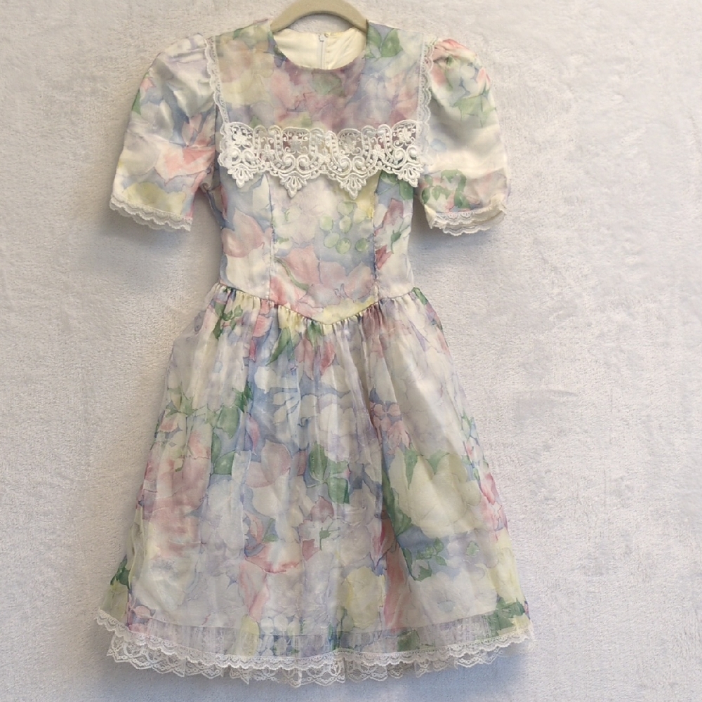 Jessica McClintock Girl's Pastel Floral 80s Vintage Formal Dress Size 8